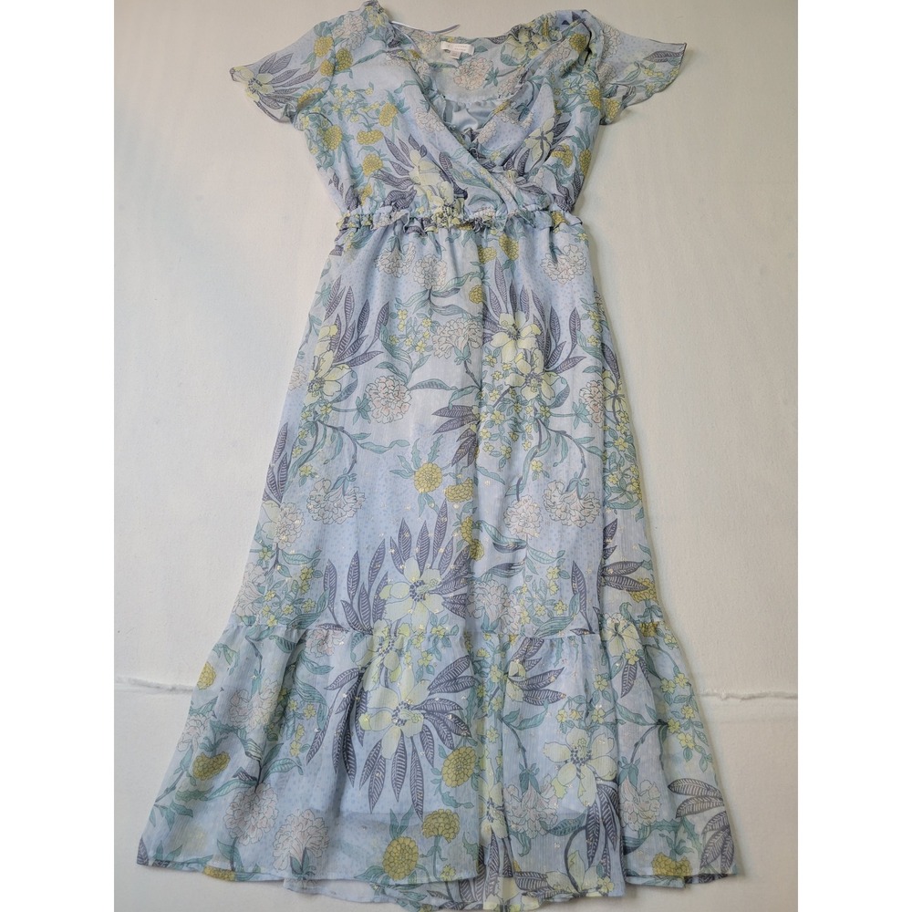 Speechless Blue Floral Gold Metallic Shimmer Maxi Dress Flutter Sleeve Small
